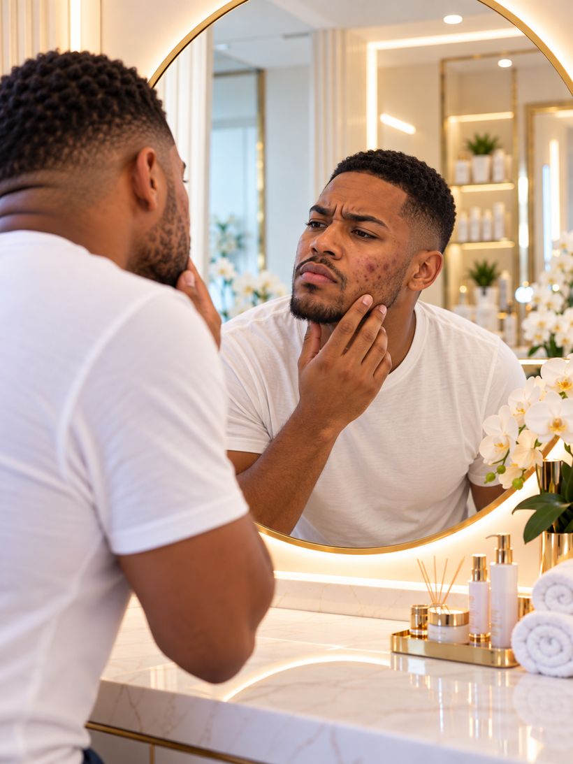 Man looking at acne scarring in the mirror