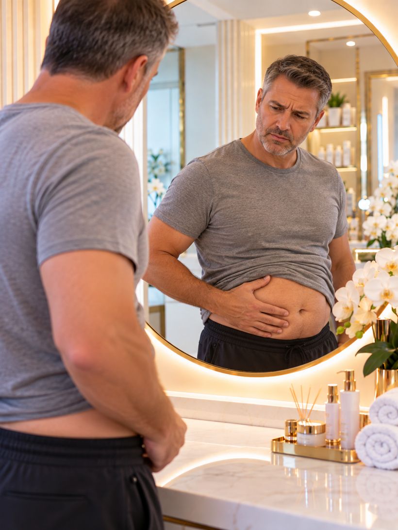 Man holding his belly in the mirror