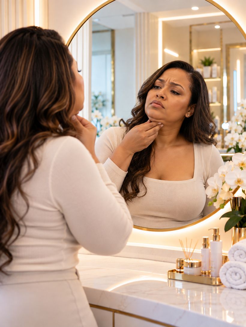 Woman checking her chin and jawline in the mirror