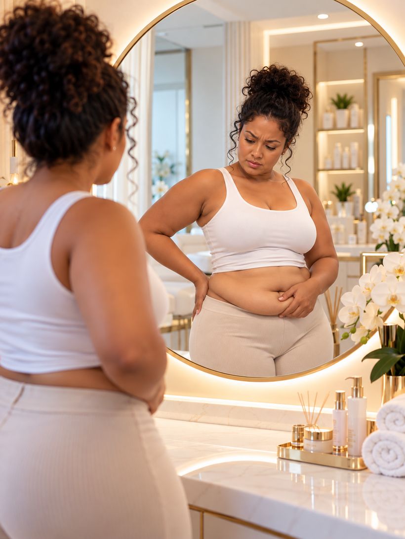 Woman looking at her midsection in the mirror