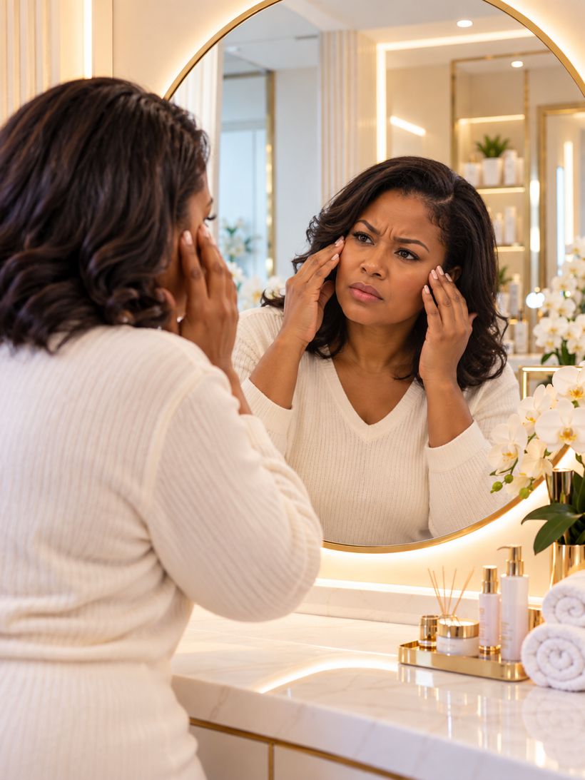 Woman examining fine lines in the mirror