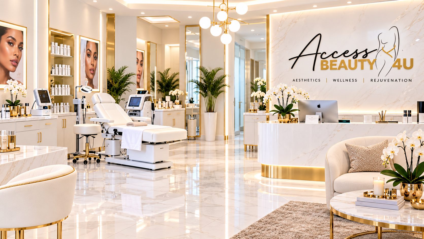 Access Beauty 4U studio with marble wall, gold chandelier and logo sign