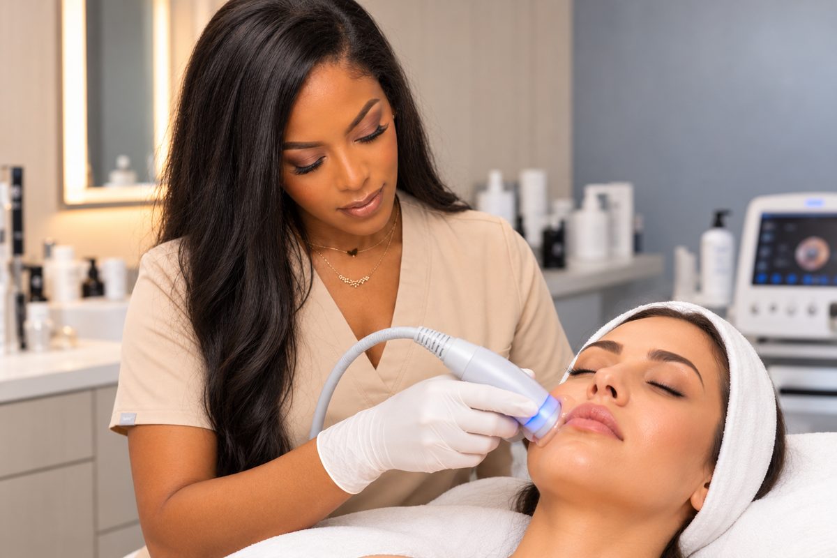 Komi performing a skin treatment along a client's jawline
